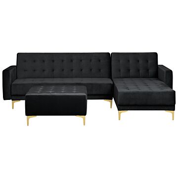 Corner Sofa Bed Black Velvet Tufted Fabric Modern L-shaped Modular 4 Seater With Ottoman Left Hand Chaise Longue Beliani