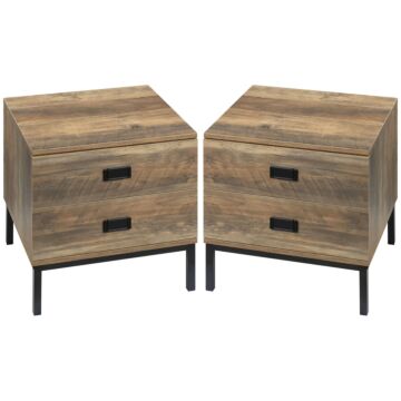 Homcom Retro Bedside Table, End Side Table With 2 Drawers, Metal Frame For Bedroom, Living Room, Set Of 2, Coffee