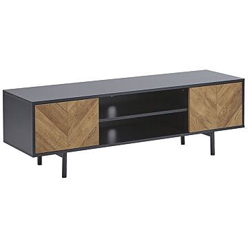 Tv Stand Light Wood And Black Particle Board For Up To 60 ʺ With 2 Doors Industrial Style Beliani