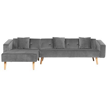 Corner Sofa Bed With 3 Pillows Grey Velvet Upholstery Light Wood Legs Reclining Right Hand Chaise Longue 4 Seater Beliani
