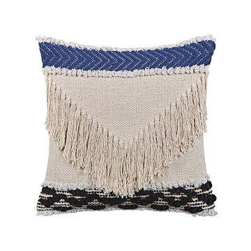 Scatter Cushion Beige Cotton 45 X 45 Cm Pillow Case Textured Fringe With Polyester Filling Beliani