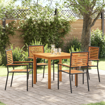 Vidaxl 5 Piece Garden Dining Set Black Poly Rattan Acacia, Vidaxl Stacking Garden Chairs With Cushions 2 Pcs Black Poly Rattan