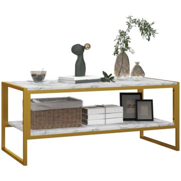 Homcom Two-tier Coffee Table, Modern Marble Effect Center Table With Storage Shelf And Metal Frame, Tea Table, White