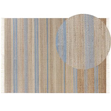 Area Rug Beige And Light Blue Jute 160 X 230 Cm Rectangular With Tassels Striped Pattern Handwoven Boho Style Hallway Beliani
