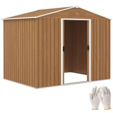 Outsunny 8 X 6ft Outdoor Garden Storage Shed, Metal Tool House With Ventilation And Sliding Doors Chocolate Wood Effect