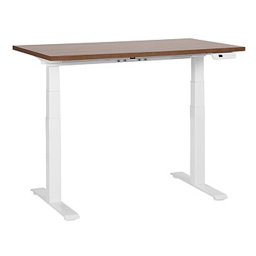 Electrically Adjustable Desk Dark Wood Tabletop White Steel Frame 120 X 72 Cm Sit And Stand Square Feet Modern Design Beliani