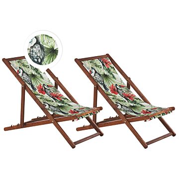 Set Of 2 Garden Deck Chairs Dark Acacia Wood Frame Toucan Pattern Replacement Fabric Hammock Seat Reclining Folding Sun Lounger Beliani