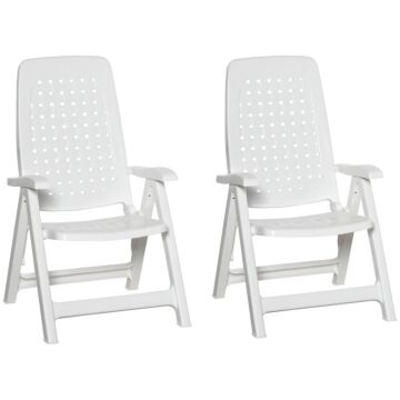 Outsunny Set Of 2 Folding Plastic Dining Chairs With 4-position Backrest, Reclining Armchairs For Indoor & Outdoor Events, Camping, White