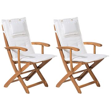 Set Of 2 Garden Dining Chairs Light Wood With White Cushion Acacia Wood Frame Folding Rustic Design Beliani