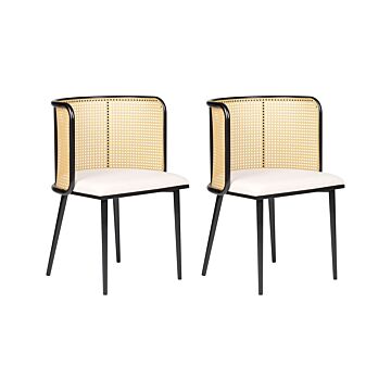 Set Of 2 Dining Chairs Black Metal Frame Beige Fabric Seat Viennese Braid Backrest Retro Seating Beliani