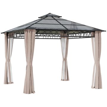 Outsunny 3 X 3 (m) Outdoor Polycarbonate Gazebo, Double Roof Hard Top Gazebo With Galvanized Steel Frame, Nettings & Curtains