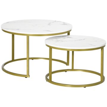 Homcom Coffee Table Set Of 2, Round Nest Of Tables With Faux Marble Tabletop And Metal Frame, Modern Side Tables For Living Room, White