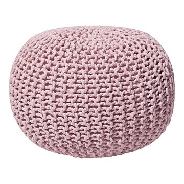 Pouf Ottoman Pink Knitted Cotton Eps Beads Filling Round Small Footstool 50 X 35 Cm Beliani