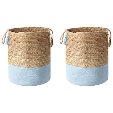 Set Of 2 Storage Baskets Cotton Jute Blue And Natural 50 Cm Laundry Bins Boho Beliani