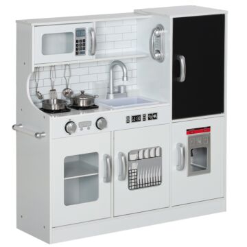 Aiyaplay Pretend Play Kitchen, Kids Kitchen Playset, With Toy Phone, Chalkboard, Microwave, Cooking Stove, Sink, White