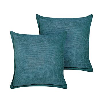 Set Of 2 Teal Decorative Pillows Corduroy 43 X 43 Cm Modern Traditional Living Room Bedroom Cushions Beliani