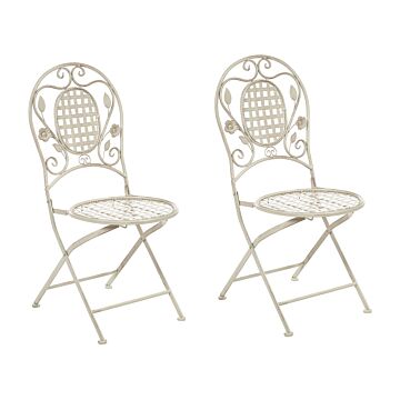 Set Of 2 Garden Chairs Off-white Iron Foldable Distressed Metal Outdoor Uv Rust Resistance French Retro Style Beliani