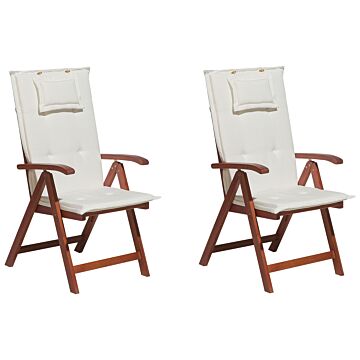 Set Of 2 Garden Chairs Acacia Wood Off-white Cushion Adjustable Foldable Outdoor Country Rustic Style Beliani