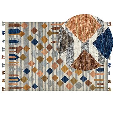Kilim Area Rug Multicolour Wool And Cotton 200 X 300 Cm Handmade Woven Boho Geometric Pattern With Tassels Beliani