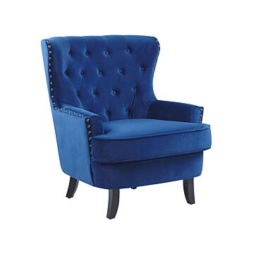 Armchair Wingback Chair Navy Blue Velvet Button Tufted Back Black Legs Nailhead Trim Elegant Chesterfield Style Living Room Beliani