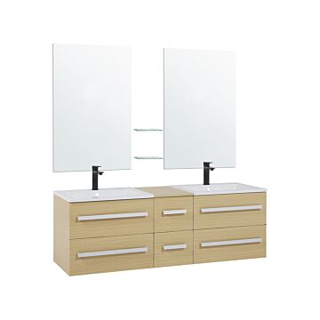 Bathroom Vanity Unit Light Wood Drawers Two Mirrors Modern Beliani