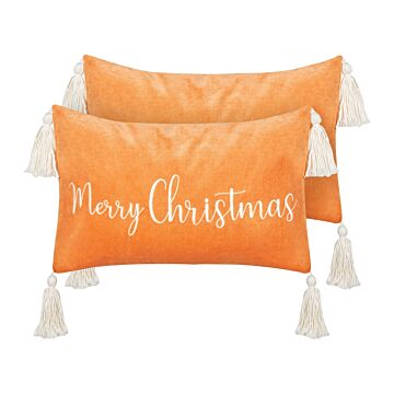 Set Of 2 Scatter Cushions Orange Cotton Velvet 30 X 50 Cm Christmas Motif Caption With Tassels Accessories Festive Decor Beliani