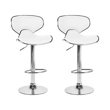 Set Of 2 Bar Chairs White Faux Leather Upholstery Footstool Swivel Gas Lift Adjustable Height Glamour Beliani