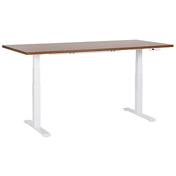 Electrically Adjustable Desk Dark Wood Tabletop White Steel Frame 180 X 72 Cm Sit And Stand Square Feet Modern Design Beliani