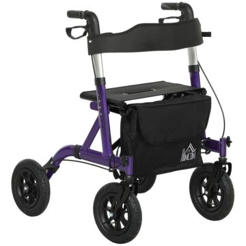 Homcom Folding Rollator Walker With Seat, Backrest, Lightweight Walking Frame With Storage Bag, Dual Brakes, All-terrain Wheels, Adjustable Handle Height, 4 Wheeled Walker For Seniors, Purple