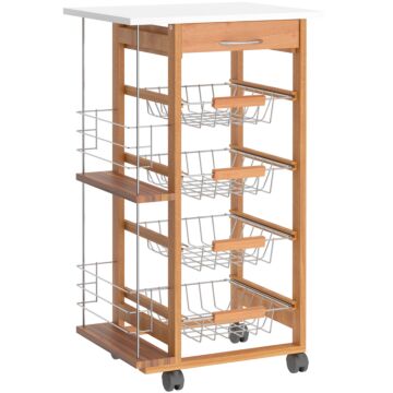Homcom Rolling Kitchen Cart, Utility Storage Cart With 4 Basket Drawers & Side Racks, Wheels For Dining Room, Brown