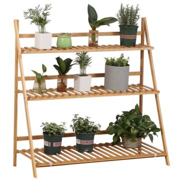 Outsunny 3-tier Plant Stand, Plant Shelf Rack, Folding Bamboo Display Stand, 98x37x96.5cm, Natural