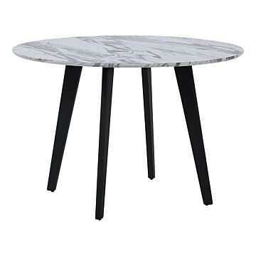 Dining Table Marble Effect Black Legs Round 110 Cm Mdf Tabletop Metal Legs Beliani