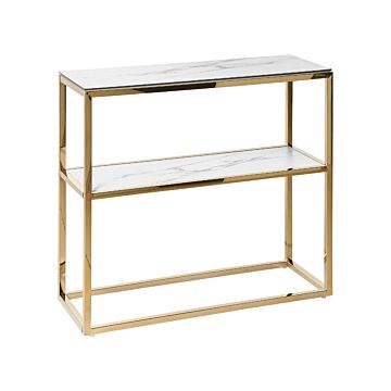 Console Table White With Gold Tempered Glass Stainless Steel 80 X 30 Cm Shelf Rectangular Glam Modern Living Room Bedroom Hallway Beliani