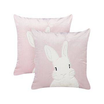 Set Of 2 Scatter Cushions Pink Velvet Polyester Fabric Bunny Pattern 45 X 45 Cm Pillows For Kids Beliani