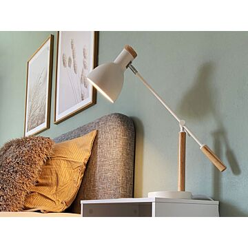 Table Lamp White Metal 50h Cm Light Wood Crane Arm Adjustable Shade Modern Beliani