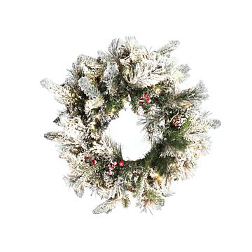 Christmas Wreath White Synthetic Material 55 Cm Pre Lit Artificial Snow Pine Cons Seasonal Home Decor Beliani