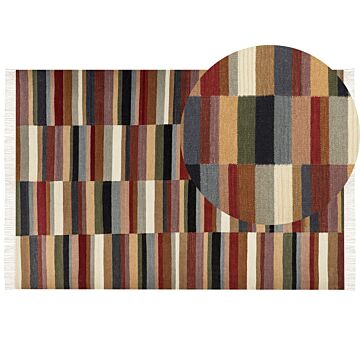 Kilim Area Rug Multicolour Wool 200 X 300 Cm Hand Woven Flat Weave Geometric Pattern With Tassels Traditional Living Room Bedroom Beliani