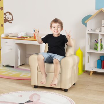 Homcom Kids Recliner Chair, Pu Leather With Adjustable Backrest, Footrest, Padded Headrest, Beige