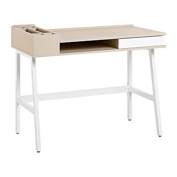Desk Light Wood Veneer Top 100 X 55 Cm White Metal Frame One Drawer Beliani