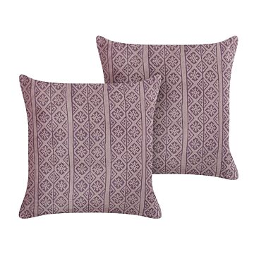 Set Of 2 Decorative Cushions Pink Velvet And Cotton 45 X 45 Cm Geometric Pattern Block Printed Boho Decor Accessories Beliani