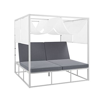 Garden Four Poster Daybed White And Grey Aluminium Frame With Canopy Polyester Cushions Outdoor Bed Beliani