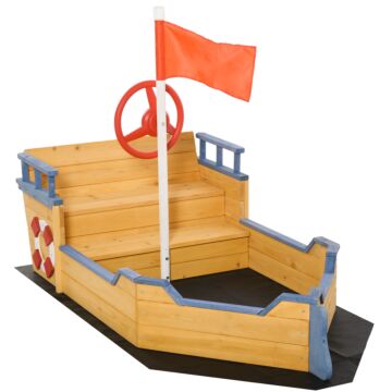 Outsunny Kids Wooden Sandpit Children Sandbox Pirate Ship Sandboat Outdoor Backyard Playset Play Station W/ Bench Bottom Liner