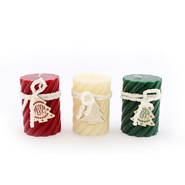 Three Twist Pillar Candles, Green, Cream & Red