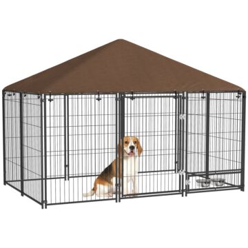 Pawhut Outdoor Dog Kennel Puppy Play Pen With Canopy Garden Playpen Fence Crate Enclosure Cage Rotating Bowl 211 X 141 X 151 Cm