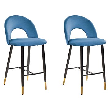 Set Of 2 Bar Chairs Blue Velvet Black Steel Retro Design Golden Ends Dining Room Beliani