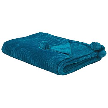 Blanket Blue Throw 200 X 220 With Pom Poms Soft Coverlet Beliani