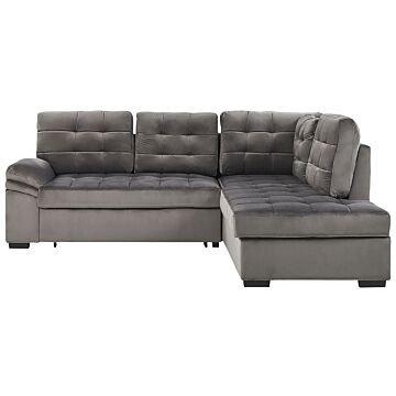 Corner Sofa Bed Grey Velvet Tufted Upholstery Left Hand Sleeper Sofa With Storage Beliani