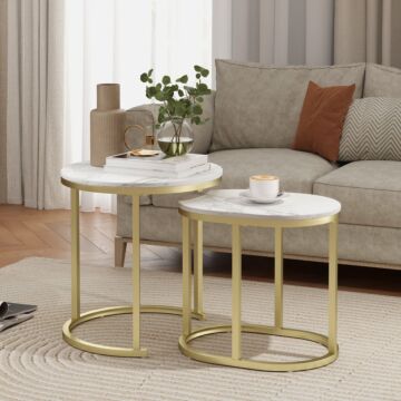 Homcom Marble-effect Nest Of Tables - Gold Tone/white