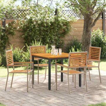Vidaxl 5 Piece Garden Dining Set Beige Poly Rattan Acacia, Vidaxl Stacking Garden Chairs With Cushions - Set Of 2 In Beige Poly Rattan, Vidaxl Garden Table 90x90x75 Cm Solid Acacia Wood And Metal