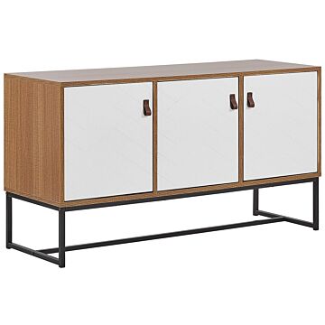 Sideboard Light Wood With White Metal Legs Rectangular Storage Cabinet Tv Stand 3 Compartments Doors 62 X 112 Cm Living Room Furniture Beliani